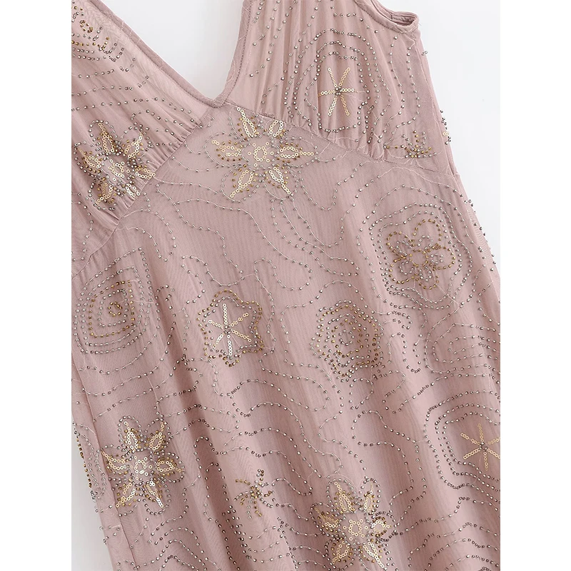 YENKYE nuevas mujeres Sexy semitransparente cuentas lentejuelas Vestidos sin mangas moda sin espalda cintura alta cuello en V vestido de verano Midi Vestidos