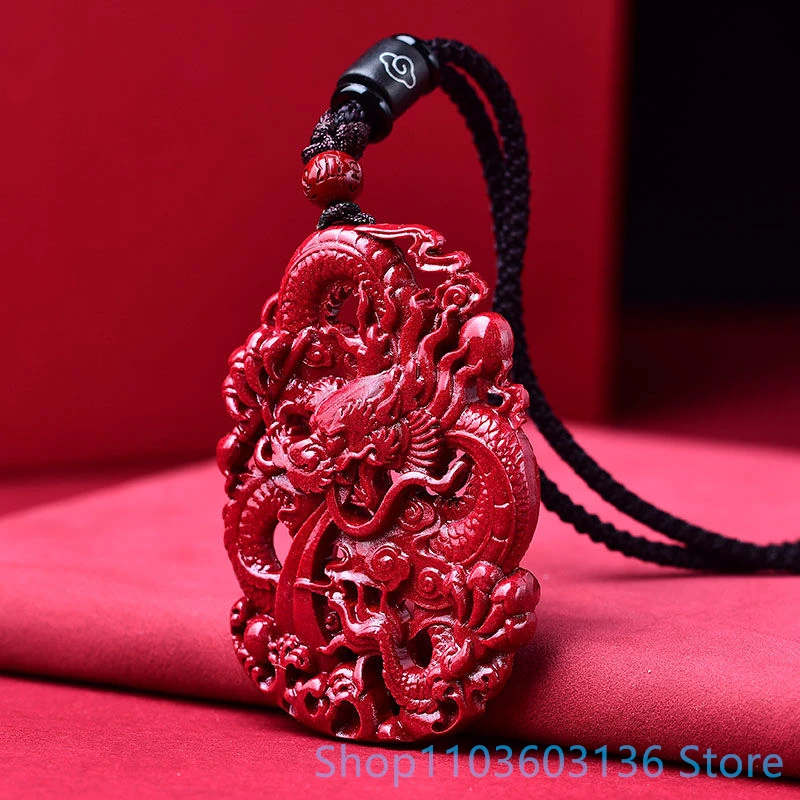 Natural Cinnabar Double-sided Handmade Carved Dragon Brand Imperial Purple Gold Sand Pendant for Men Retro Cinnabar Pendan