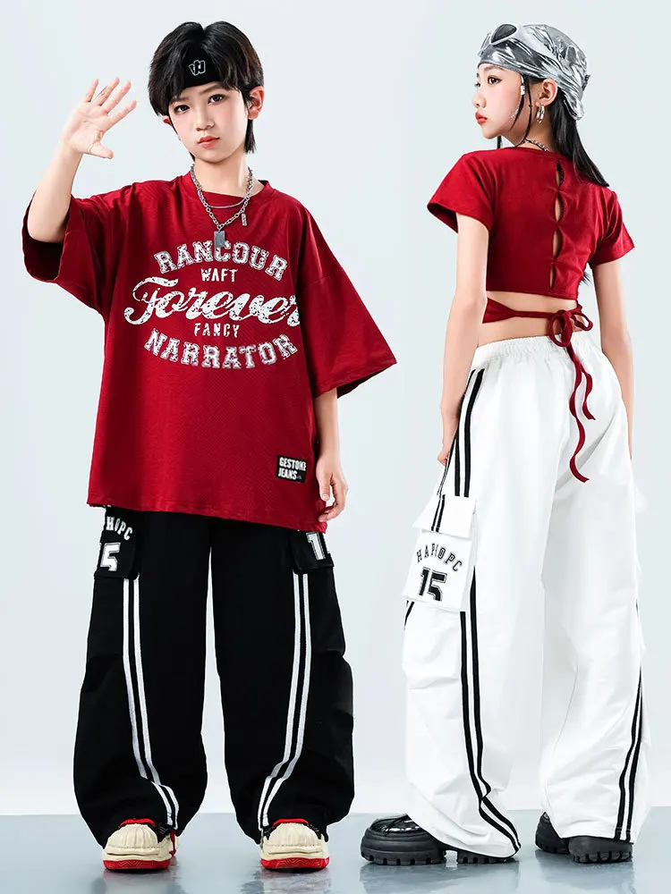 여자 힙합 세트 빨간 티셔츠 스트리트 댄스 블랙 느슨한 바지 소년 streetwear 어린이 볼룸 옷 어린이 재즈 의상