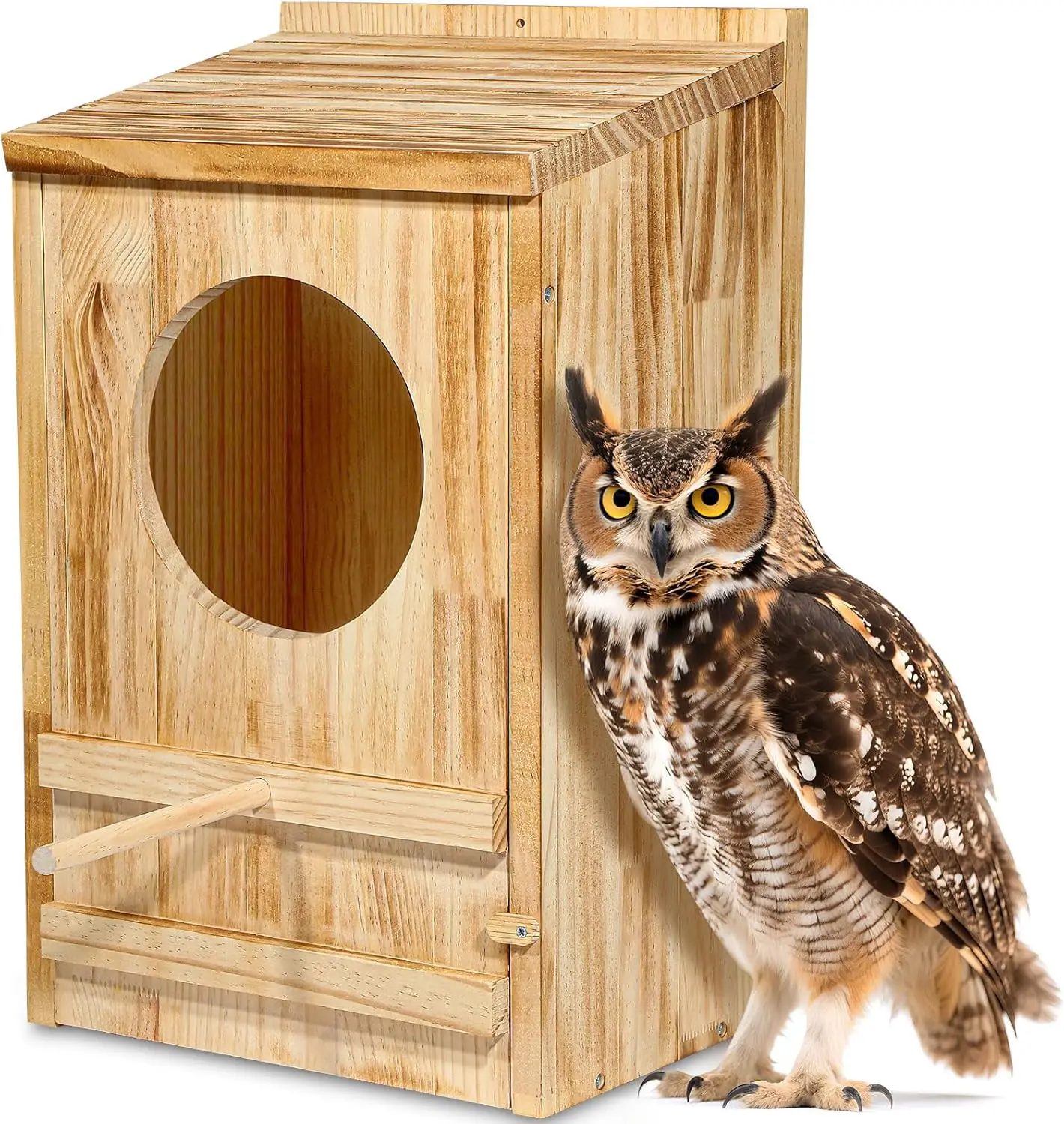 

Owl Nesting Box for Outside, 23"x14"x10" Large Wooden Bird House with Circular Opening for Great Horned and Barn Owls, Assembly