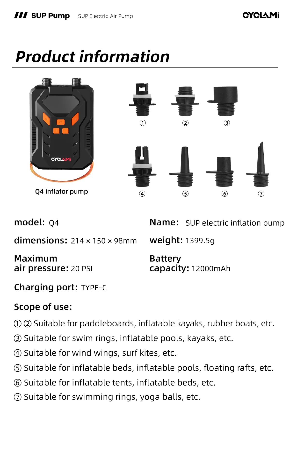 20PSI SUP-Pumpe Stand-Up Paddle 12000mAh Hochleistungs-Luftpumpe für aufblasbare PVC-Boote, Kajaks, Surferzubehör, Kite-Matratzen, Zeltmatratzen – Detail 20