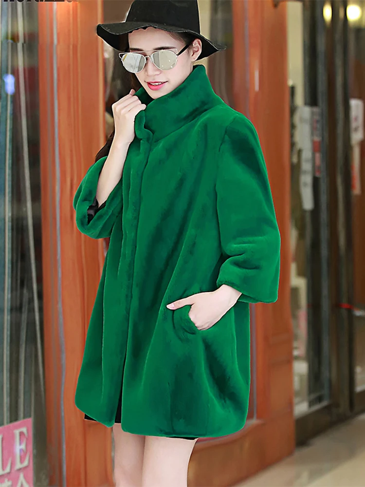 Nerazzurri Spring Winter Green Soft Loose Warm Faux Fur Coat Women 3/4 Sleeve Stand Collar Luxury Fluffy Jacket 2022 Fashion