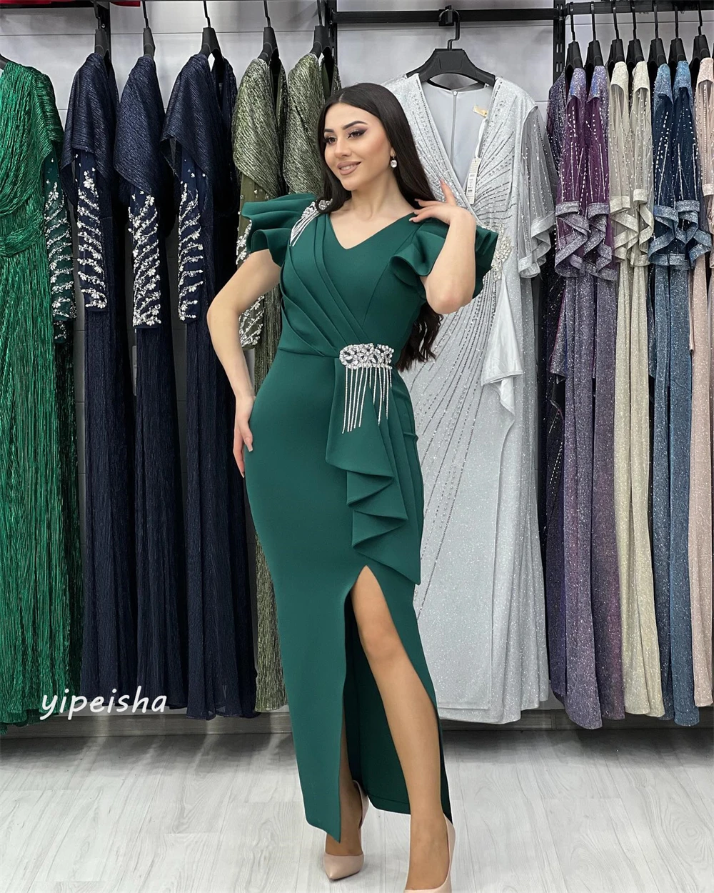 Jersey Pleat Ruffles Tassel Graduation Sheath V-Neck Bespoke Occasion Gown Midi Dresses