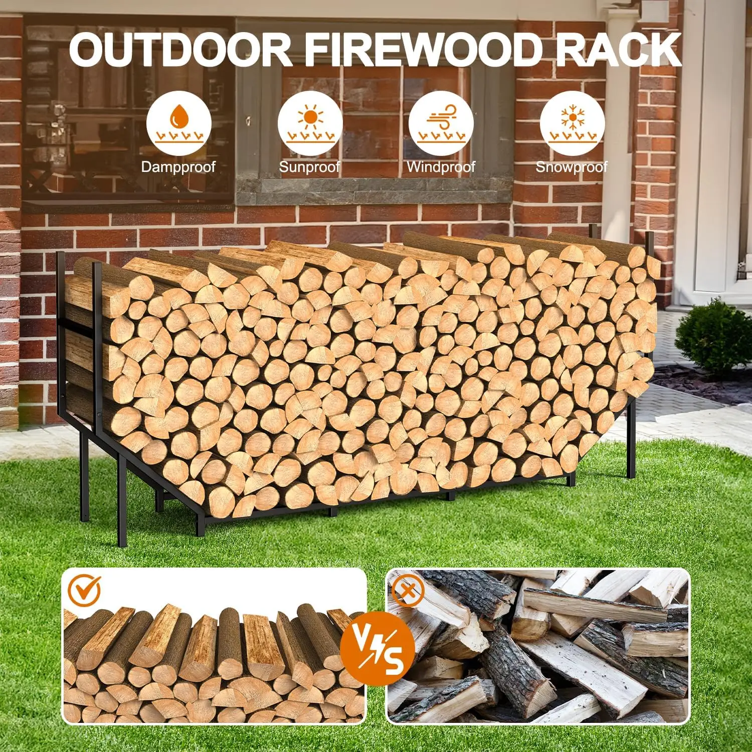 5.9ft Heavy Duty Metal Firewood Rack, Adjustable Indoor Outdoor Log Holder with Non-Slip Pads, Black