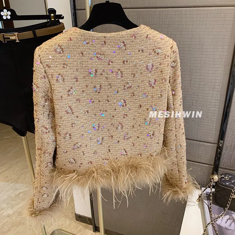 Spring Autumn Sequins Small Fragrant Style Feather Jacket Spliced Elegant Ostrich Fur Elegant Top Women\'s Cardigan