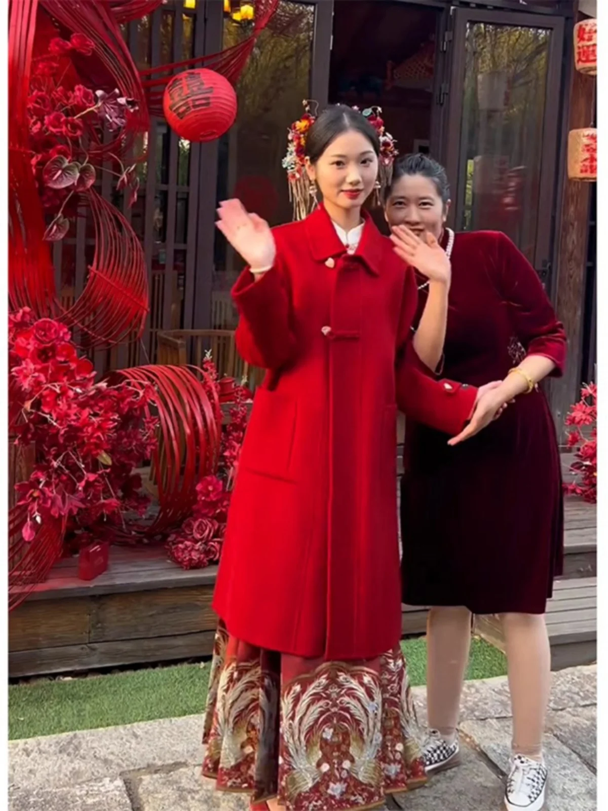 

Chinese Style Wedding Engagement Celebration Red Woolen Coat Women's Autumn Winter Long Sleeve Single Button Korean Style
