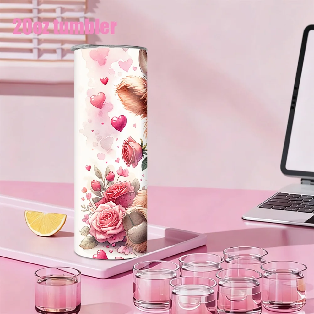 1pc 20oz straw water bottle, insulated stainless steel water cup with a cow wearing a wreath, rose, and heart pattern. view 4