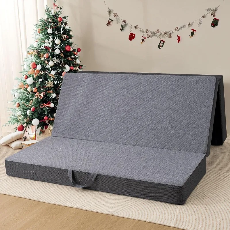 Queen Tri-Fold Mattress - 4 Inch Foldable Mattress for Travel/RV/Camping/Guest Room/Yoga, Tri-Fold Memory Foam Mattress