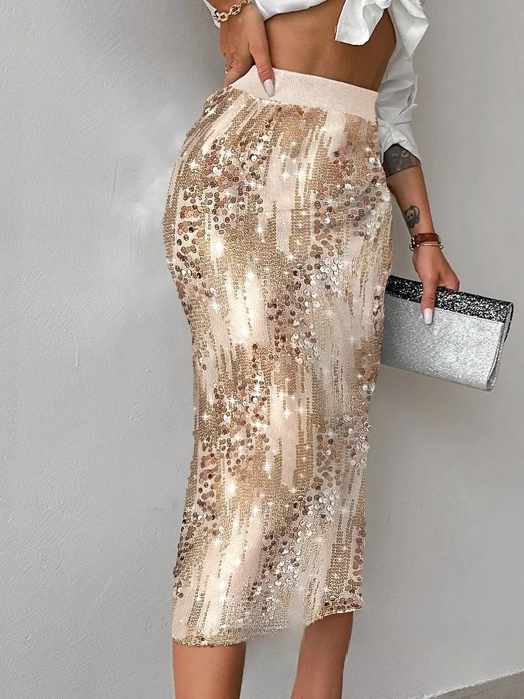 

Ele iny Sequin f Skirt Women's Autumn Winter High Waist Elastic Fi Tail Long Skirt European Sle Mid-aged Suitable