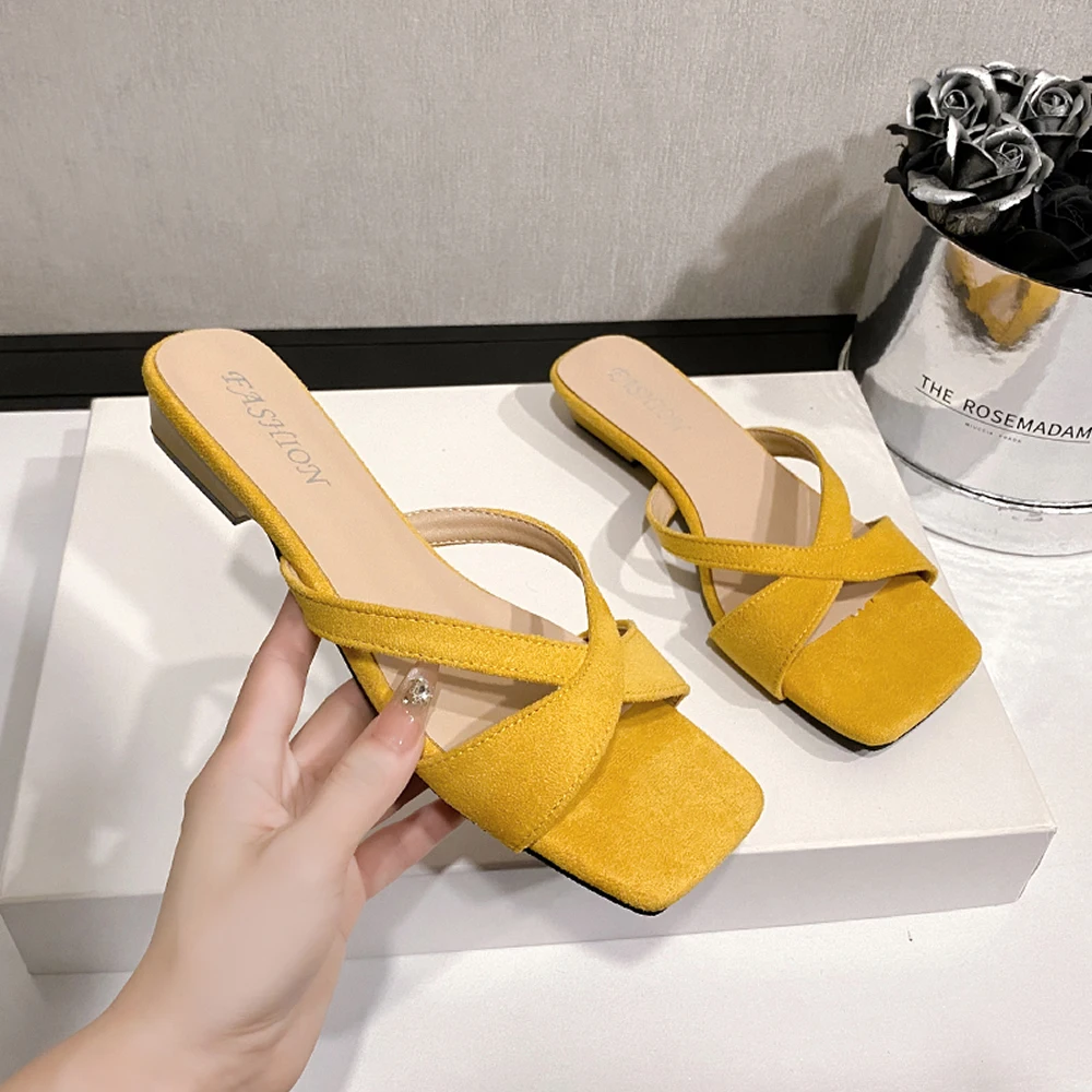 أحذية امرأة 2025 ميد رقيقة الكعوب الكعب البغال النعال عادية ساحة تو Pantofle منخفضة عبر تعادل عالية فاخرة جديد الدنيم الصيف #3