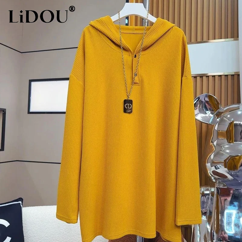 2023 Spring Autumn New Fashion Hooded Button Long Sleeve Hoodies Women Casual Loose Thin Style All-match Mid-length Pullovers