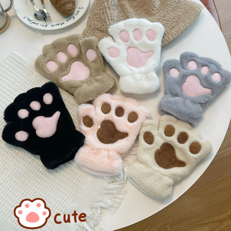 1Pair Winter Cartoon Lovely Plush Cat Claw Paw Gloves Warm Soft Mittens Fingerless Fluffy Bear Gloves Costume Half Finger Gloves