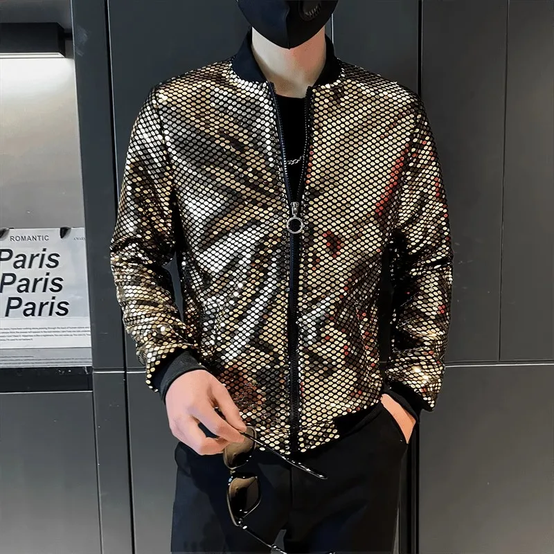 Men Shiny Sequin Windbreaker Jacket Bomber Luxury Fashion Streetwear Hip Hop Lightweight Coat Gold Disco Gothic Dance Costume