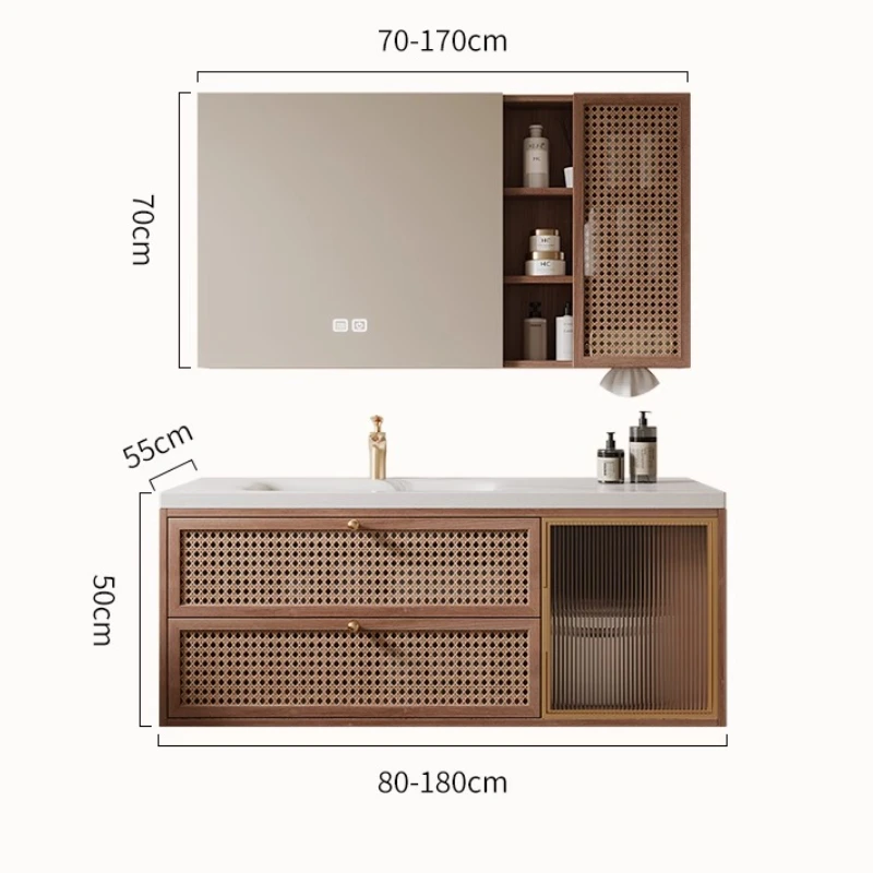 

Комбинация деревянного шкафа для ванной комнаты из ротанга в японском стиле с бесшовным умывальником из античного камня