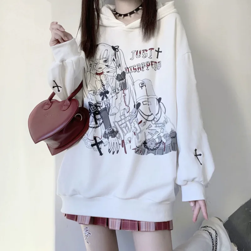 2024 Spring Japanese Harajuku Anime Gothic Girl Print Hoodies Drop Shoulder Long Sleeve Loose Hooded Sweatshirt Teens Streetwear