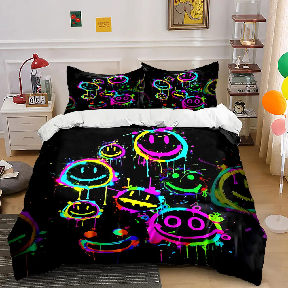 Colorful Graffiti-Style Smiley Faces Print Bedding set 3PC 1 duvet cover 2 pillowcases adult and children bedding set Luxury