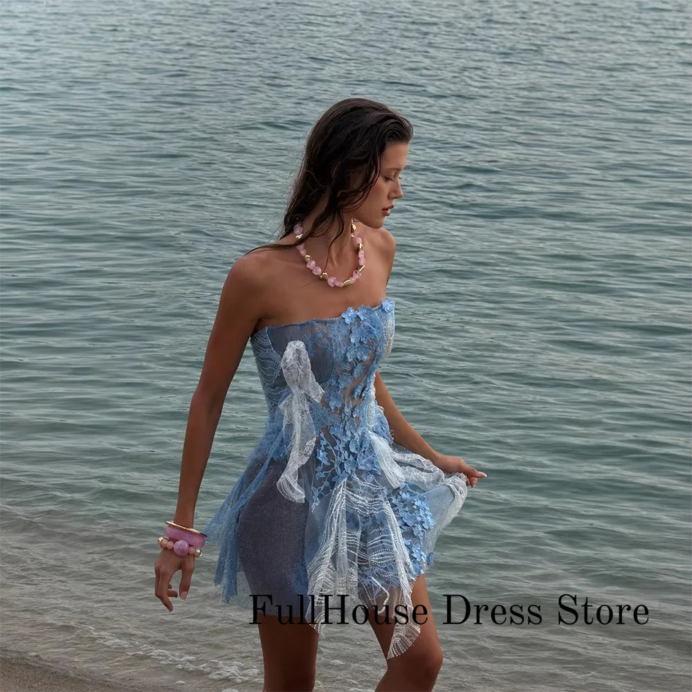 Attractive Blue Strapless 3D Flower Lace Glitter Appliquies Mini Evening Dress Sexy Cocktail Party Formal Dress Customizd 2027