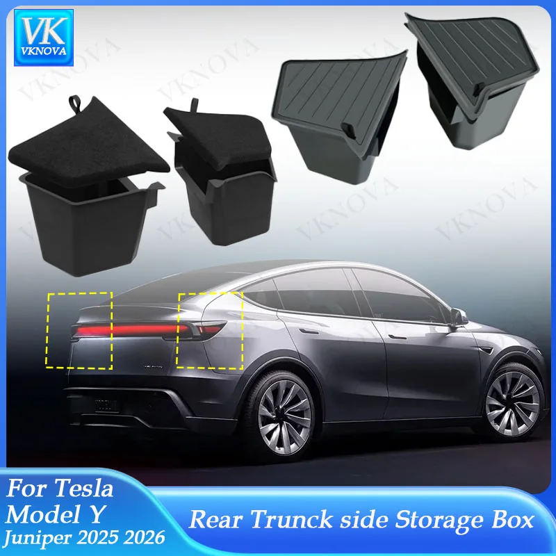 For Tesla Model Y Juniper 2025 Rear Trunk Side Storage Box Cargo Organizer TPE Bin Box Flocking Mat Partition Board Accessories