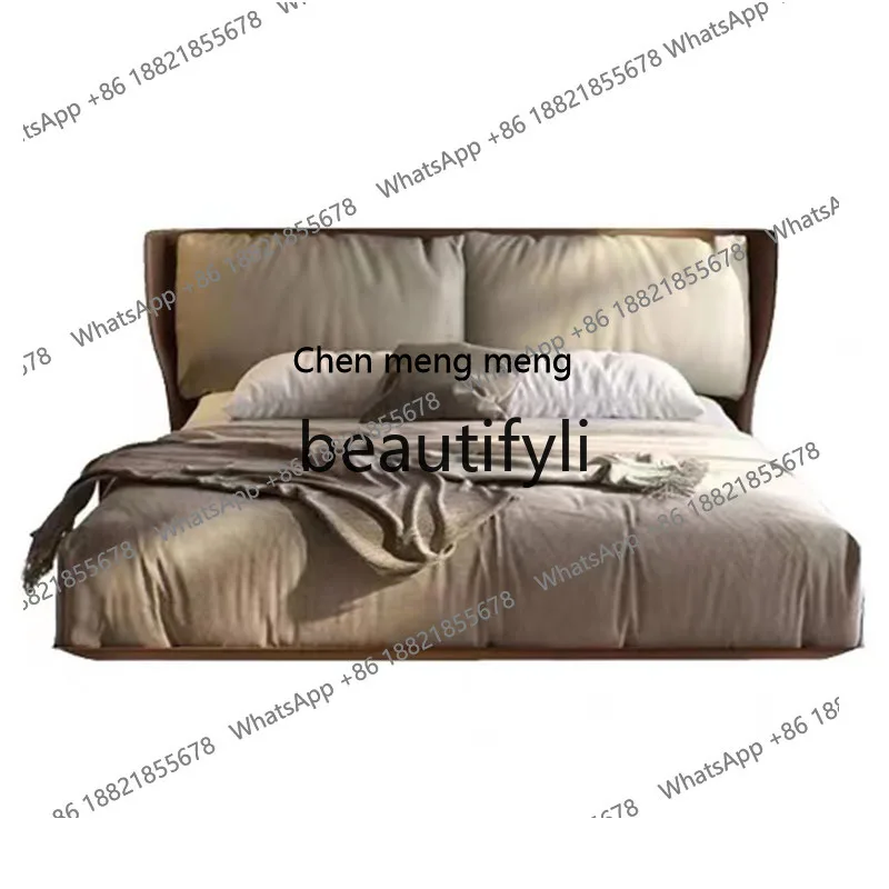 Modern simple master bedroom double bed leather high-end atmospheric flush edge soft bag bed Italian minimalist  suspended bedH