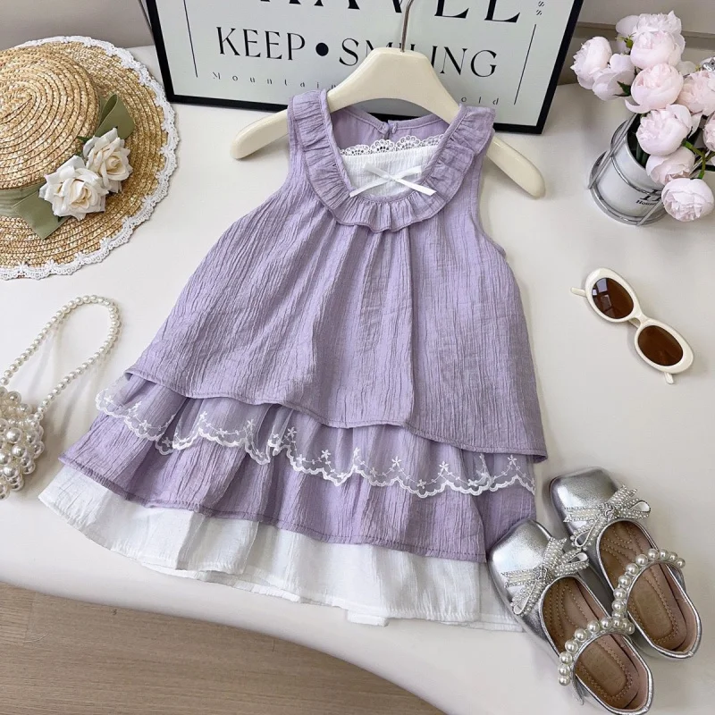 

Girls' Dress2025Summer New Lace Trim Vest Dress Sweet Princess Style Cake Dress Wholesale