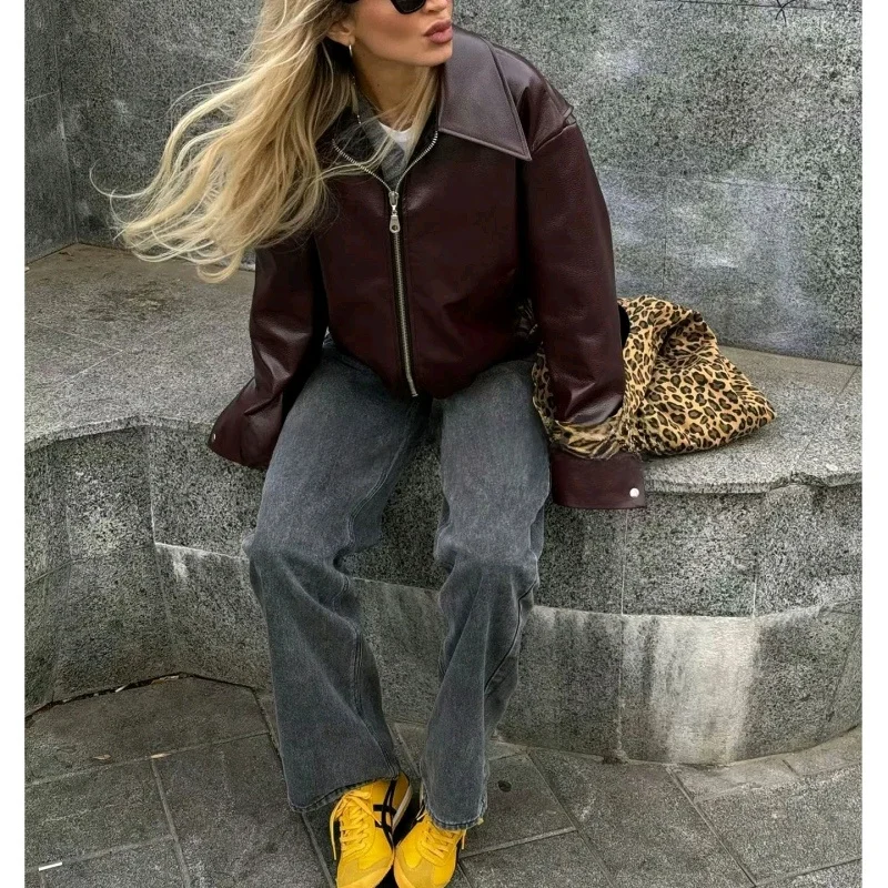 خريف جديد المرأة الأمريكية الرجعية سستة طوق طويل Sve بولي Leather جلد فضفاض ort Jaet معطف Sli تخفيف منتظم صالح