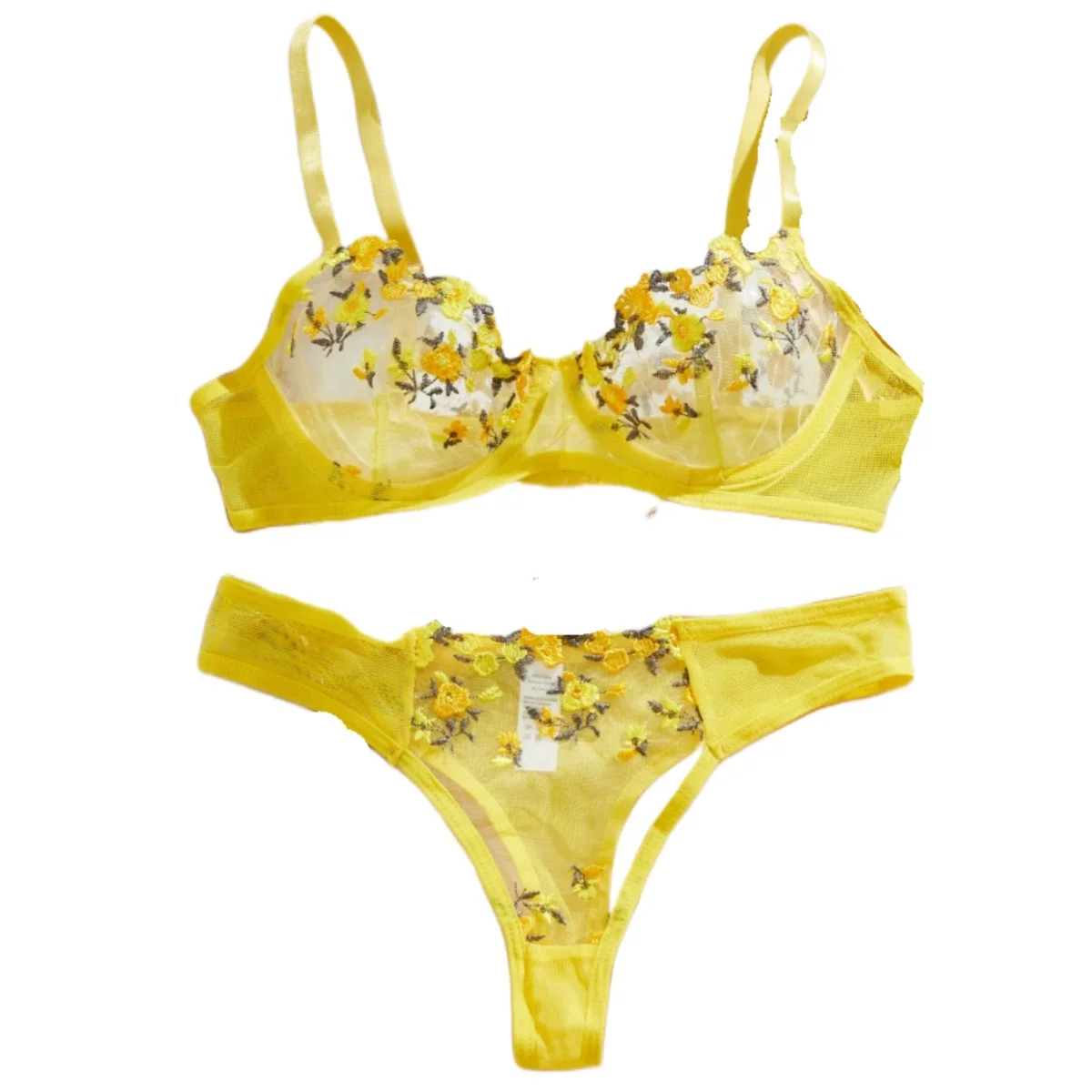 Lencería del Día de San Valentín, conjunto de sujetador y bragas transparentes con bordado de flores amarillas, Bikini de copa fina, ropa interior de 2 piezas