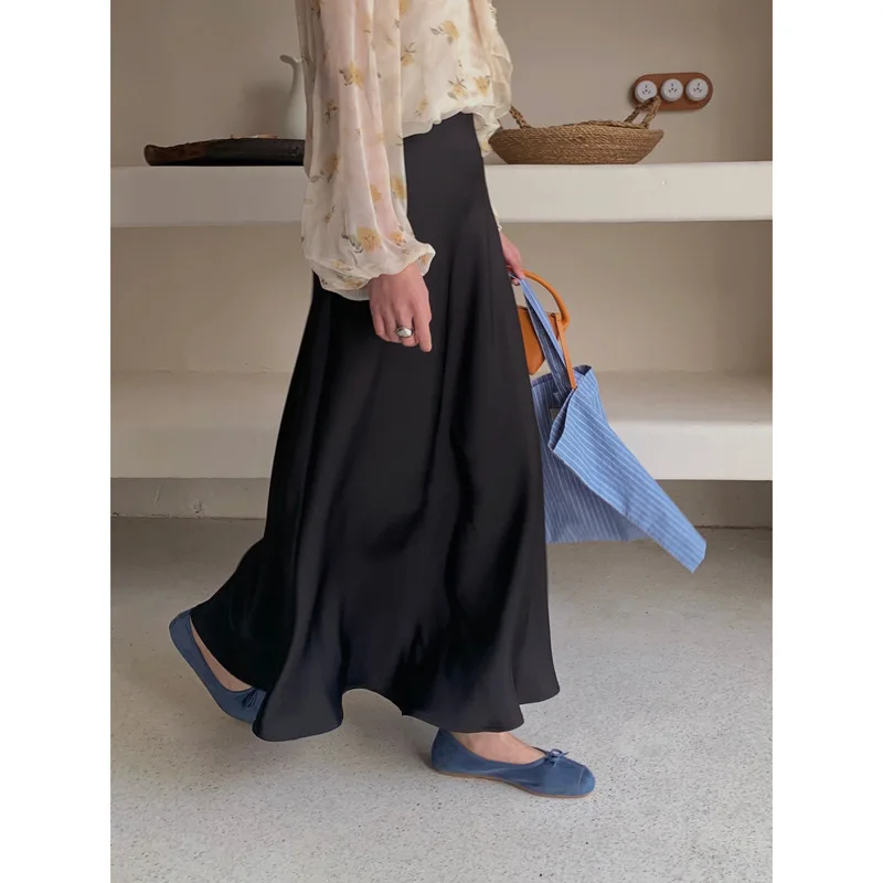 2024 elegante saias longas de cetim para mulheres cintura alta a linha saia sólida feminina cáqui moda feminina maxi saias de seda branca y3120f