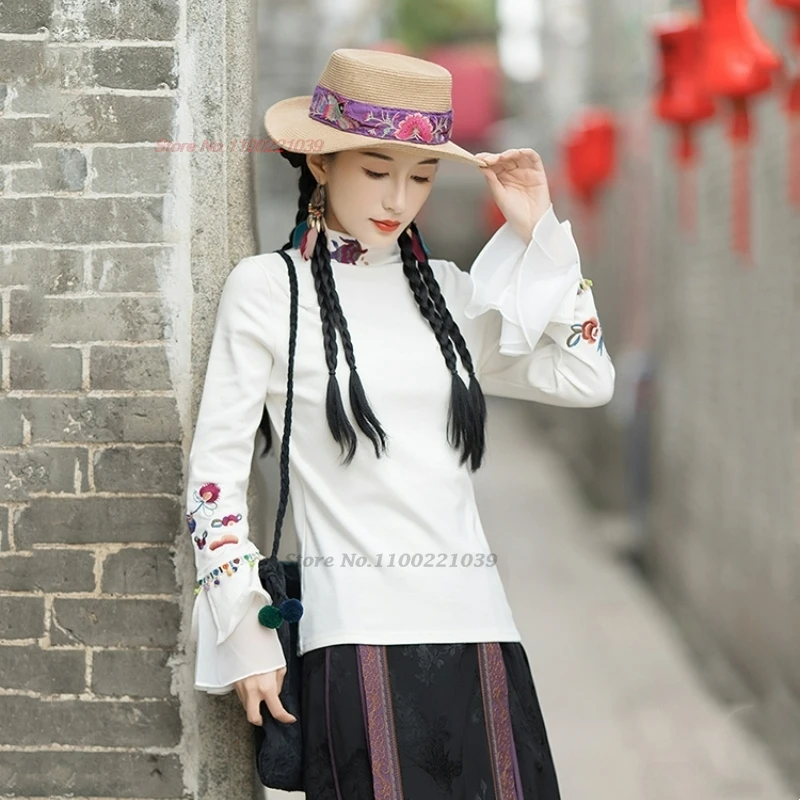 2025 chinese traditional t-shirt national flower embroidery shirt vintage hanfu tops ethnic streetwear stand collar base shirt