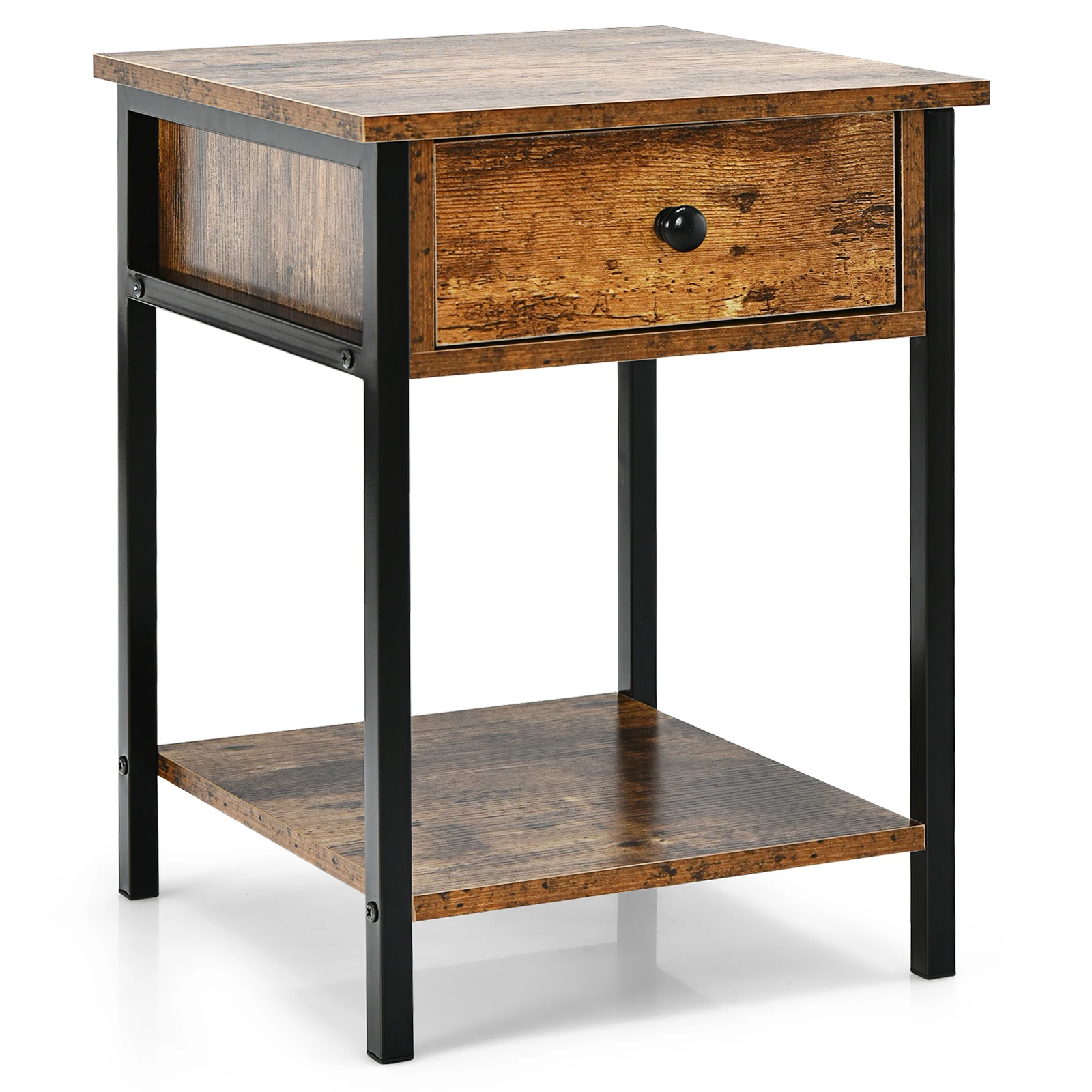 

Industrial End Side Table Nightstand with Drawer Shelf Rustic Brown