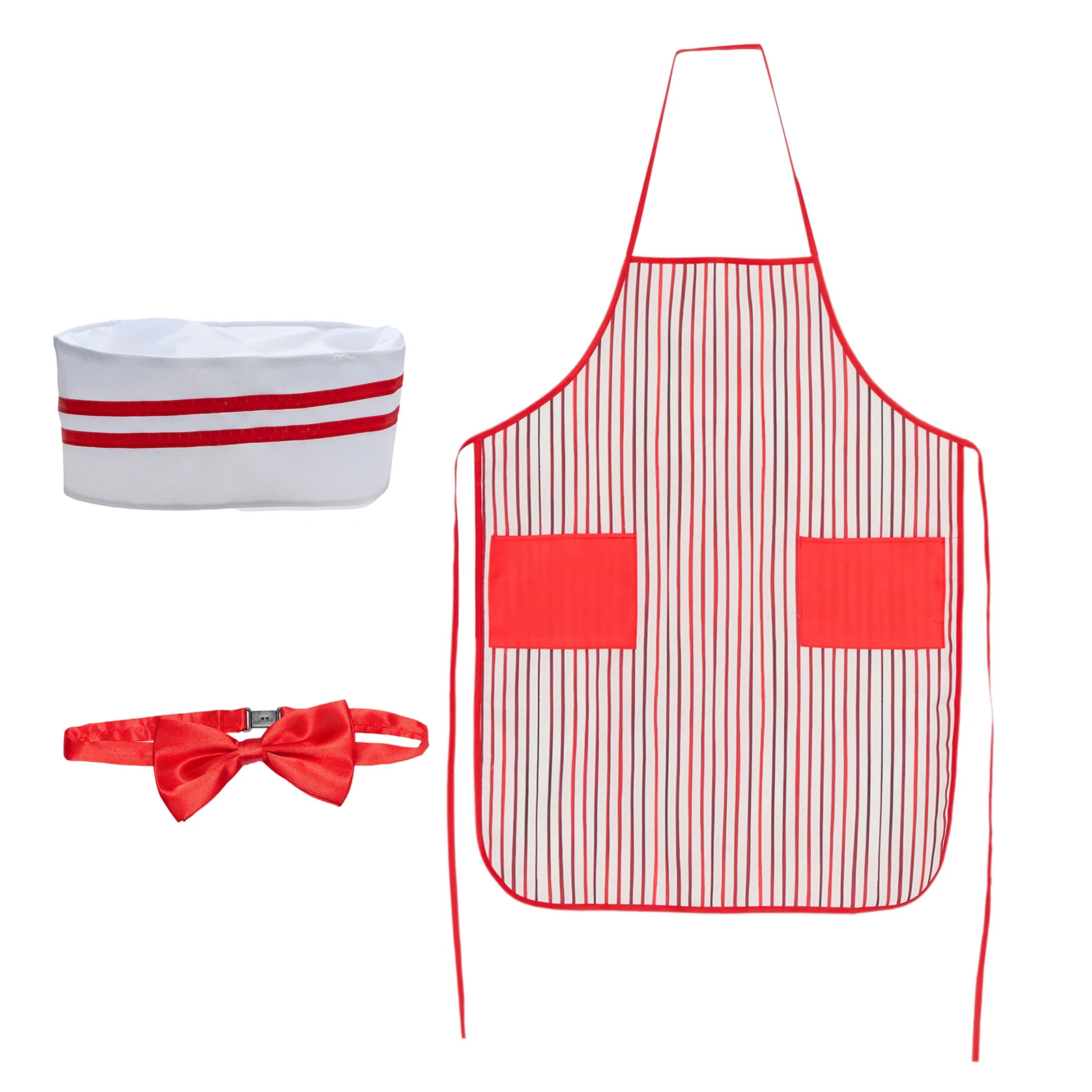 

Kitchen Chef Restaurant Waiter Costume Props Striped Apron with Pockets Bowtie And Hat 3-piece Accessories for Halloween Cosplay