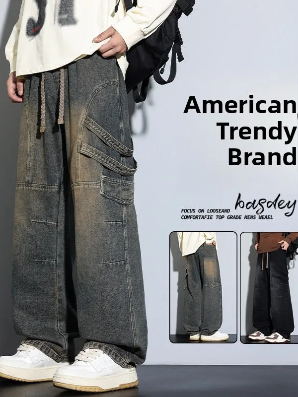 

American Style Men's Casual Wide Leg Jeans Loose Fit Summer Loose Large Size Straight Leg Long Pants Durable Non-Shrinkage