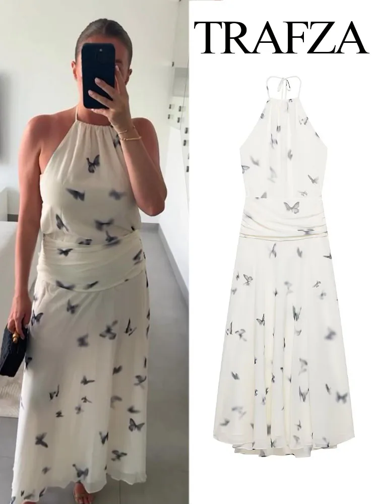 

TRAFZA Women Summer Sweet Animal Printed Halter Neck Pleated Dress Female Sexy Butterfly Backless Slim Zipper Lace-up Long Dress