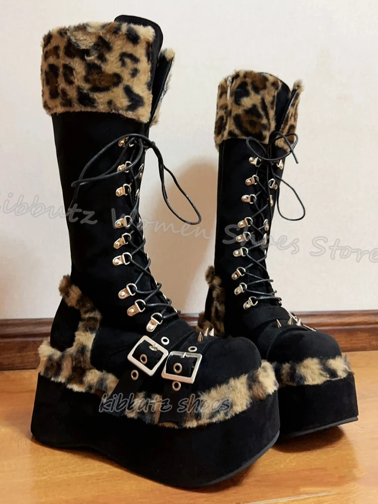 Leopard Suede Platform Boots Knee High Lace-Up Fashion Elegant Comfortable Sexy Novelty Women Shoes New Round Toe Thick Bottom