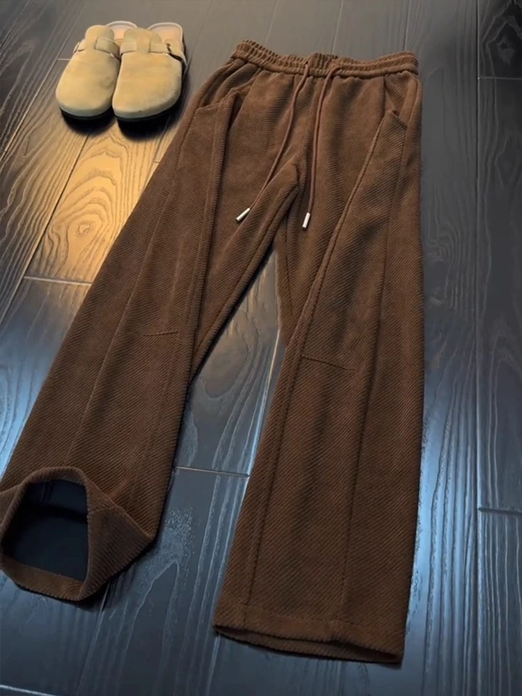 

Retro Sle Men's Knitted Casual Pants Autumn Winter New Arrival Dstring Drape Brown Versatile Long Trousers Straight Leg