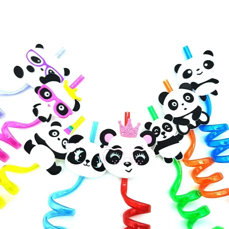 8pcs 26cm Panda Theme Helical Straws Cartoon Animal Reusable Plastic Drinking Straws for Birthday Party Wedding Party Supplies