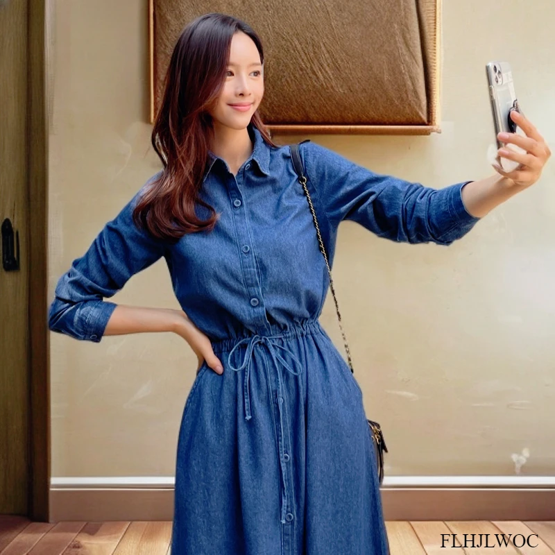 Denim Dresses New Autumn Woman Casual Cute Korea Chic Style Girls Retro Vintage Cotton Jeans Blue Button Long Maxi Shirt Dress