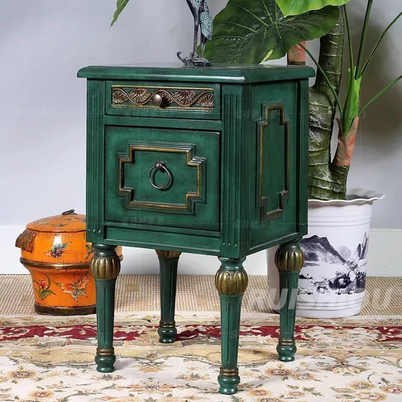 European Luxury Living Room Furniture Solid Wood Peacock Green Nightstands Small Square Side Tables Sofa Bed Corner Tea Table