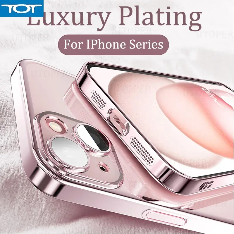 럭셔리 도금 투명 소프트 TPU 전화 케이스 For IPhone 16 15 14 13 12 11 Pro Max Plus 초박형 HD 렌즈 보호 커버