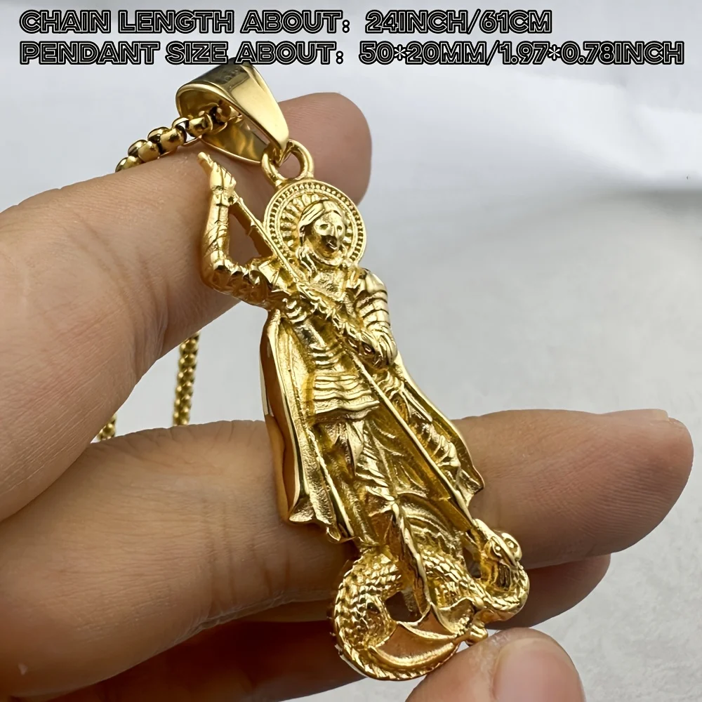 Men's Saint George Dragon Slayer Pendant 316 Stainless Steel Gold Necklace Retro Religious Talisman Hip Hop Accessory