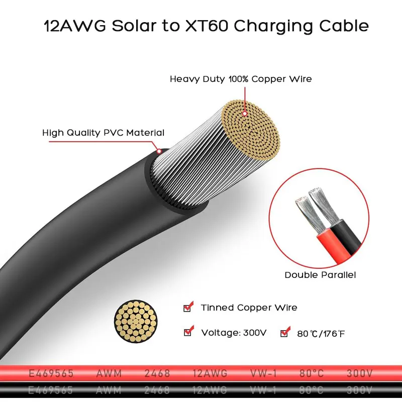 3m/10Ft 12AWG Solar Panel Connector to XT60 Cable for ALLPOWERS R600 R1500 R2500 Solar Generator with 100W 200W 300W Solar Panel