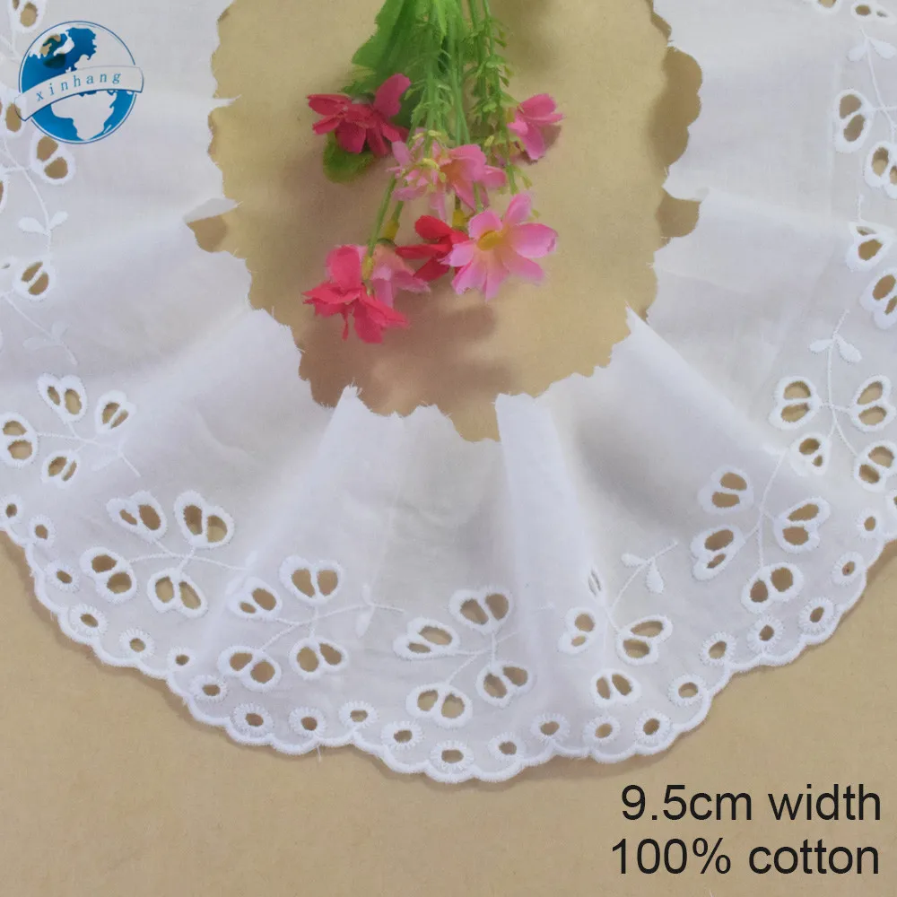 9.5cm Wide Lace White Cotton Fabric Lace Embroidery Sewing Ribbon Trim Wedding Evening Dress DIY Dolls Colthes Accessories #4295