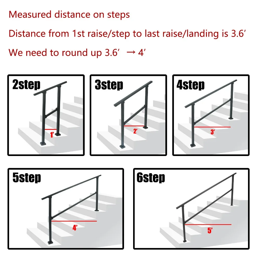 6 خطوات درابزين سطح السفينة درابزين الدرج قضبان يدوية سوداء داخلية للخطوات الخارجية