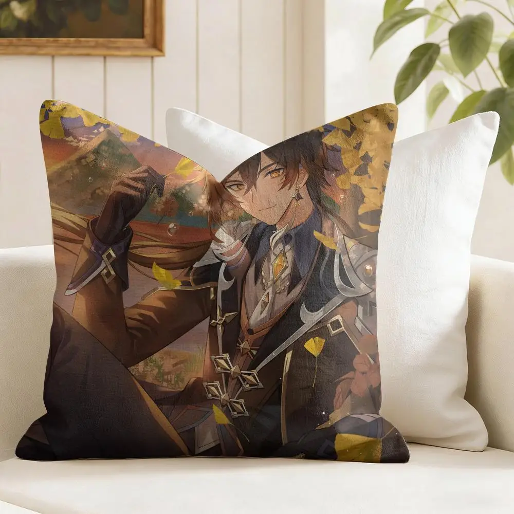 Genshin Impact Zhongli Cushion Cover Eco Linen Pillow Case Double-Sided Print Breathable Durable Zipper Home Decor Gift