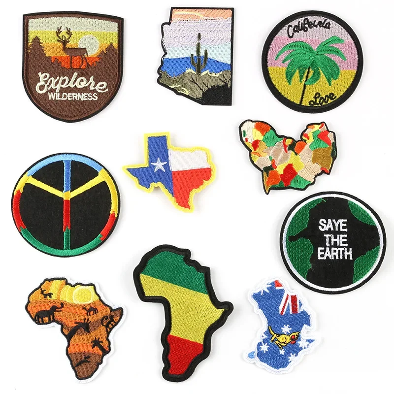 African Continent Embroidery Patches Country Map Iron Ons Round Earth Badges Australia Outline Cloth Stickers for Jackets Pants