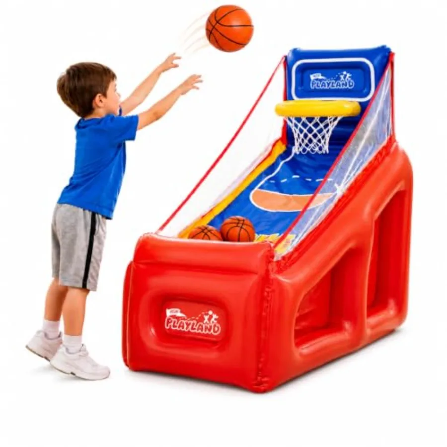 Backyard party inflatable outdoor toy for kids family: durable PVC basketball hoop and arcade toss game in vibrant blue and red
