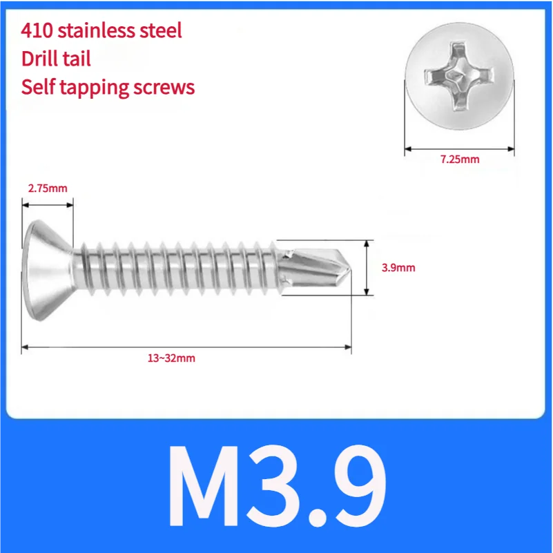 M3.5 M3.9 M4.0 M4.5 410 الفولاذ المقاوم للصدأ برغي حافر ذاتيًا برأس مسطح فيليبس برغي حفر ذاتي للصفائح المعدنية