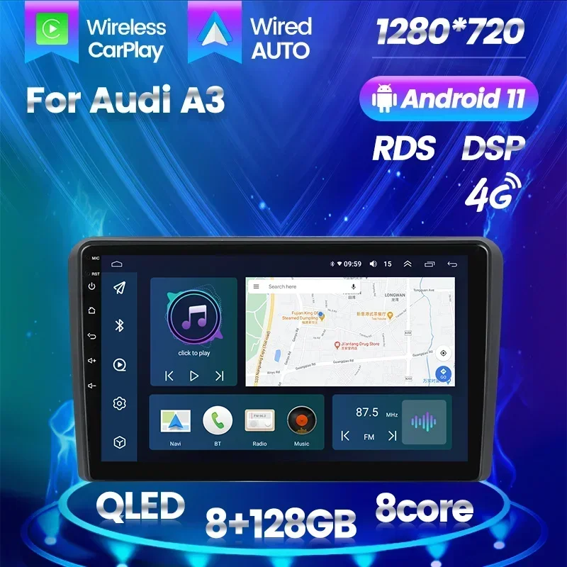 QLED Screen Android 11 Car Video For Audi A3 8P 2003 - 2013 Car Multimedia Mirror LinK 360 camera GPS BT AM FM dvd player