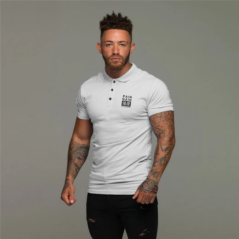 Summer Cotton Breathable Polo Shirts Men\'s Slim Fit Button Lapels Short Sleeve Sports Shirt Gym Fitness Bodybuilding Tees Tops