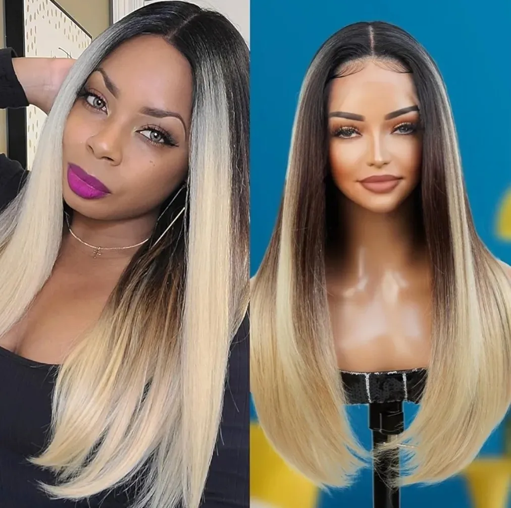

HD Lace Front Wig Blend Highlights Long Straight Honey BROWN Blonde