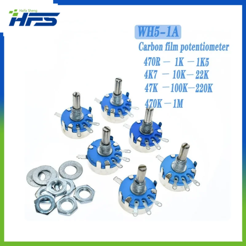 WH5-1A Carbon Potentiometer 1K 2K 10K 47K 4K7 470R 100K 470K 220K 1K5 22K 1M ohm 3-Terminals Round Shaft Rotary Taper WH5